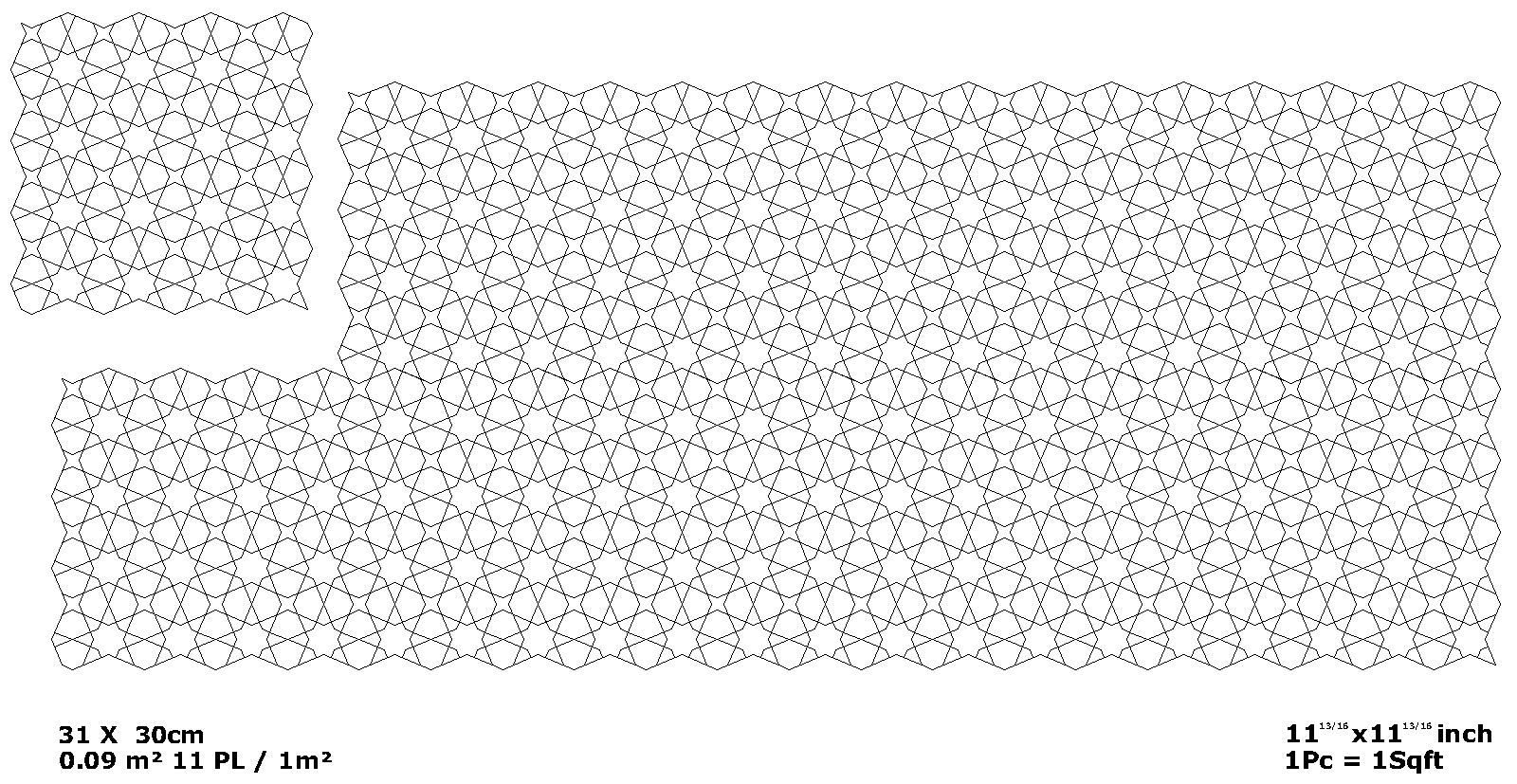 Aziraa zellige pattern layout drawing with dimensions