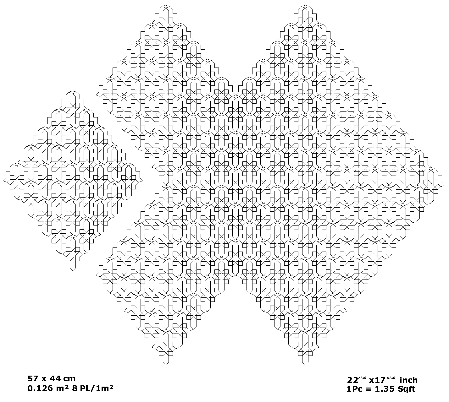 Derbala zellige pattern layout drawing with dimensions